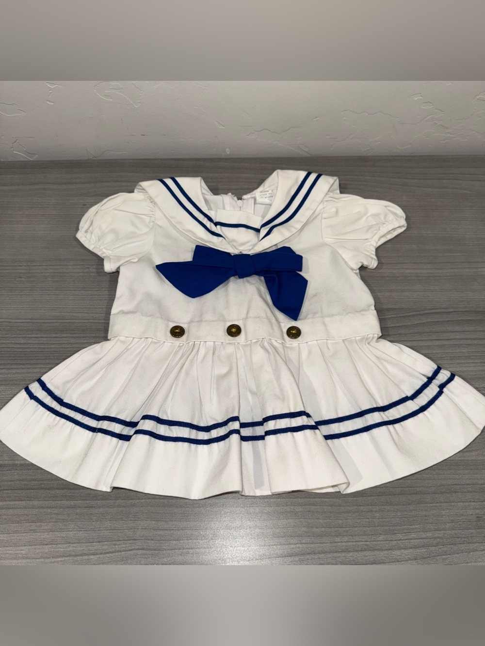 Vintage Baby Girl Sailors Dress Bow Blue White Gold Buttons 24 Months Outfit